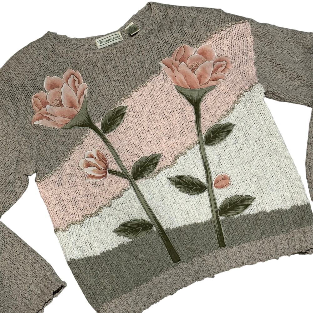 Vintage Shenanigans Floral Knit Sweater Cottagecore Rose Novelty 90s Artwear‎